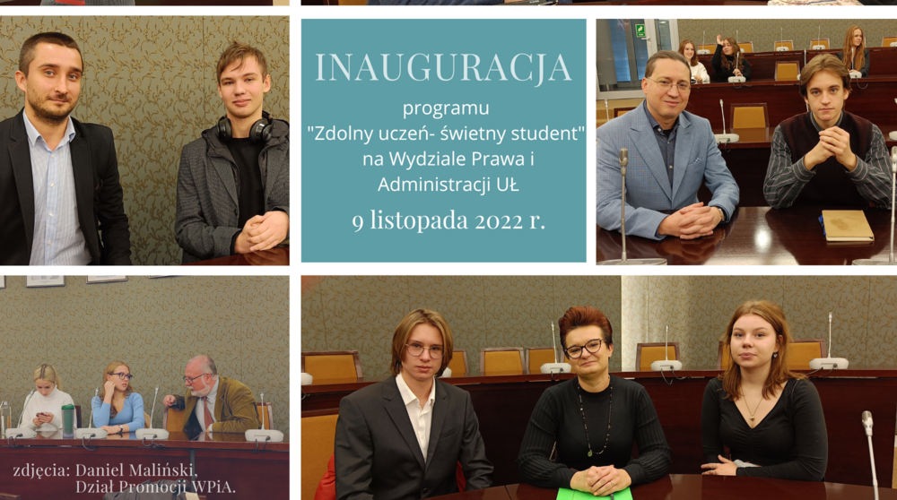 A collage of photos of the programme participants and mentors. Inscription: "Inauguration of the "Talented at School, Brilliant at the University" Programme at the Faculty of Law and Administration – 9 November 2022" 