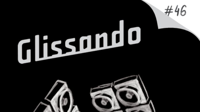 kładka magazynu Glissando nr 46 z czarnym tłem i centralną abstrakcyjną grafiką przypominającą spiralę z białych, głośnikopodobnych elementów. Pod grafiką widoczny napis ‘POLITYCZNOŚĆ / THE POLITICAL’ oraz informacja, że to magazyn o muzyce współczesnej i sound studies.