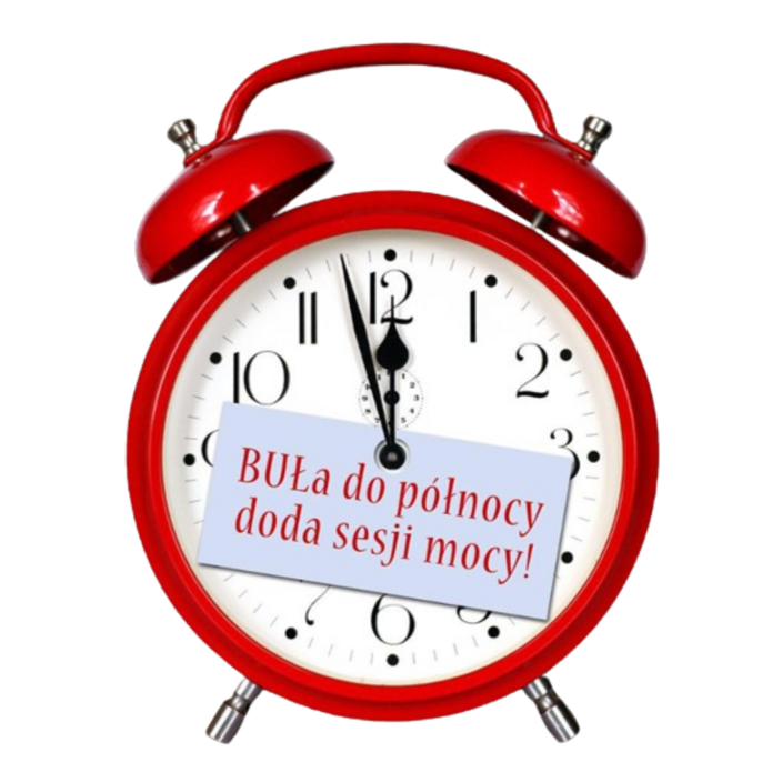 A red alarm clock, hands set to five minutes to twelve