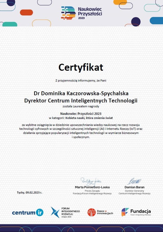 Naukowiec Przyszłości 2023 [Scientist of the Future] certificate