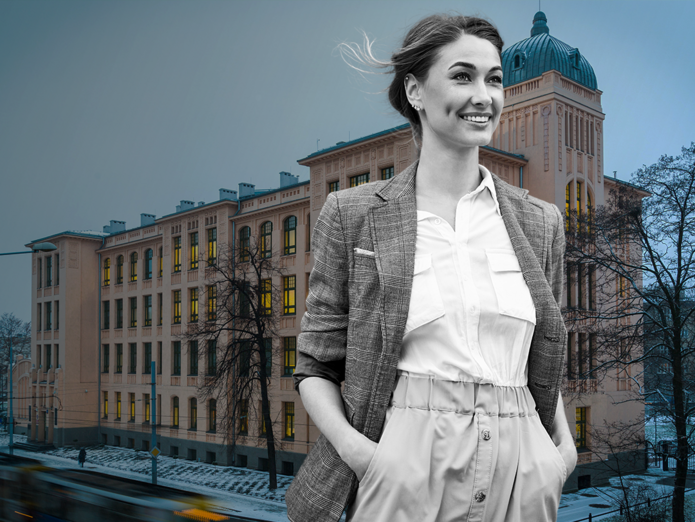 grafika przedstawia na pierwszym planie zdjęcie młodej kobiety utrzymanej w kolorystyce monochromatycznej stojącej na tle kolorowego zdjęcia budynku rektoratu Uniwersytetu Łódzkiego