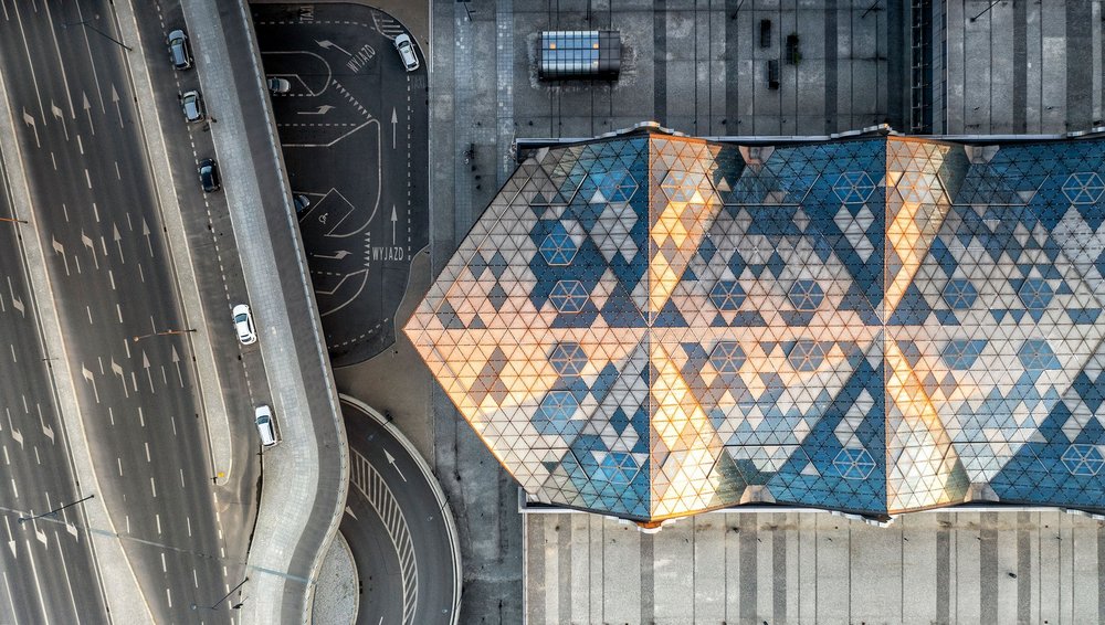 a decorative element: Aerial drone view of street and building - Lodz city - Poland