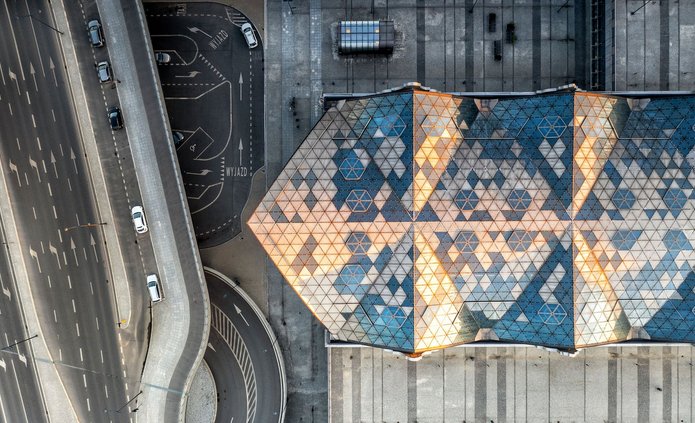 a decorative element: Aerial drone view of street and building - Lodz city - Poland