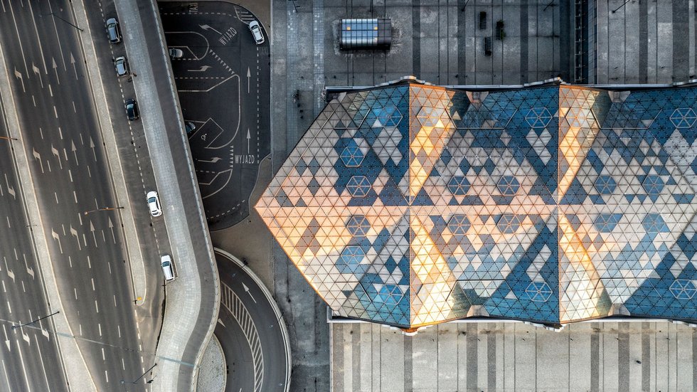 a decorative element: Aerial drone view of street and building - Lodz city - Poland