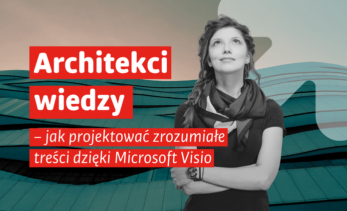 Grafika promująca szkolenie „Architekci wiedzy – jak projektować zrozumiałe treści dzięki Microsoft Visio”. Na tle nowoczesnego budynku o falistej, turkusowej elewacji znajduje się czarno-biała postać kobiety spoglądającej w górę. Po lewej stronie widnieje tytuł szkolenia zapisany białym tekstem na czerwonych polach. Na wersji informacyjnej podano termin: 3 września, godz. 9:00–14:00, oraz miejsce: CSK UŁ, ul. Kopcińskiego 16/18. W prawym górnym rogu znajduje się półprzezroczysty znak graficzny Uniwersytetu Łódzkiego.