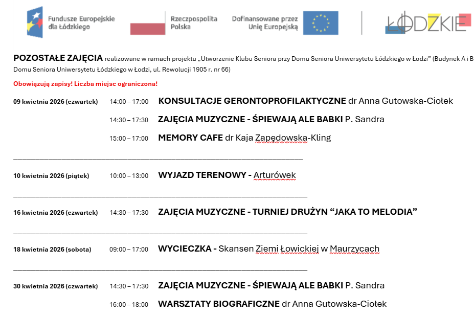 Harmonogram zajęć dodatkowych