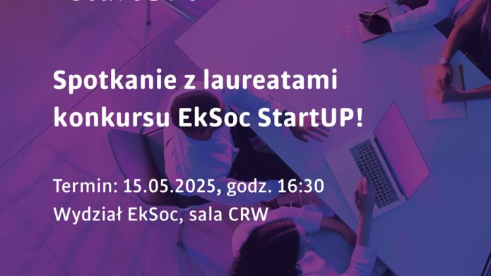 grafika informująca o spotkaniu z laureatami konkursu EkSoc startUP!