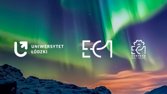Logotypy Uniwersytetu Łódzkiego i EC-1 na tle zorzy polarnej