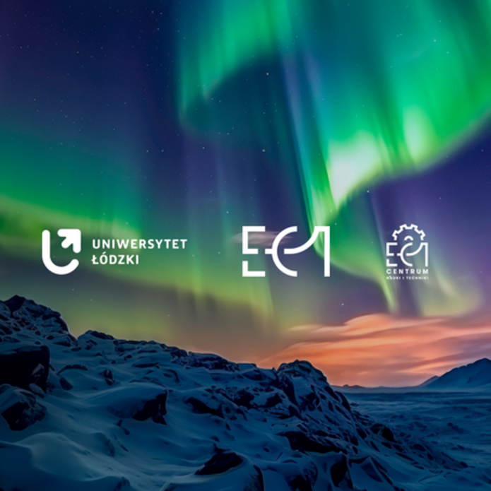Logotypy Uniwersytetu Łódzkiego i EC-1 na tle zorzy polarnej