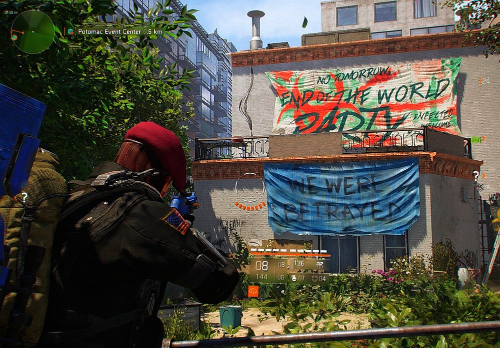 Obraz z gry; żołnierz w berecie widok zza pleców w oddali szyldy z napisami