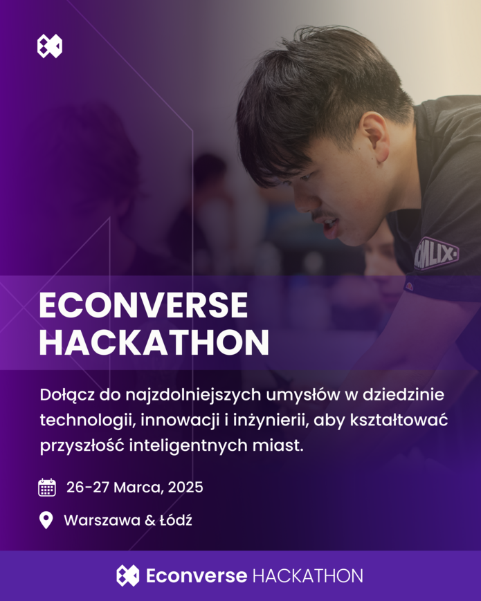 a colourful poster in mostly purple tones promoting the Econverse Hackathon event