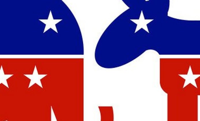 An elephant and a donkey in American colours