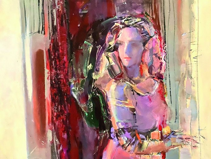 The image shows a woman painted in pastel colours: purple, pink and shades of yellow.