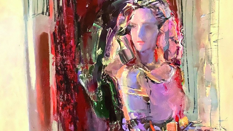 The image shows a woman painted in pastel colours: purple, pink and shades of yellow.