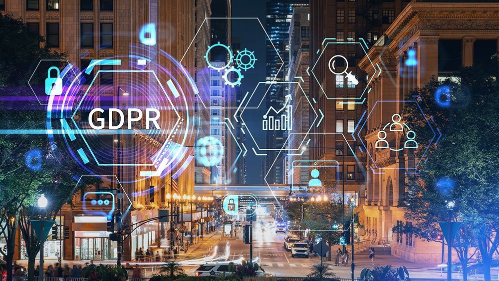 Cyfrowy interfejs na tle miasta.