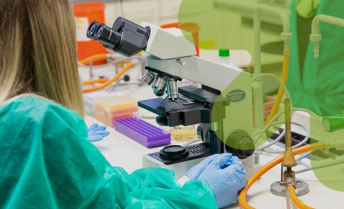 a decorative element: a woman working with a microscope