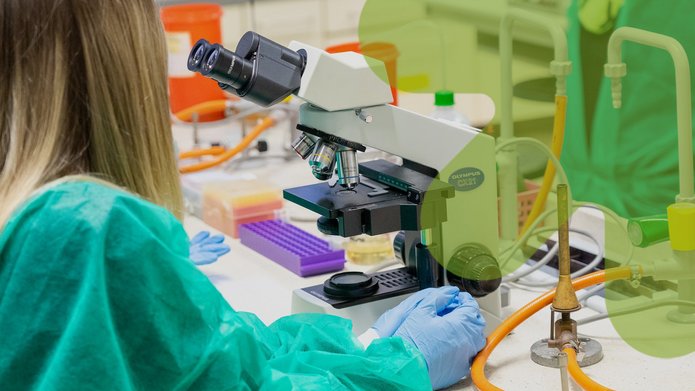 a decorative element: a woman working with a microscope