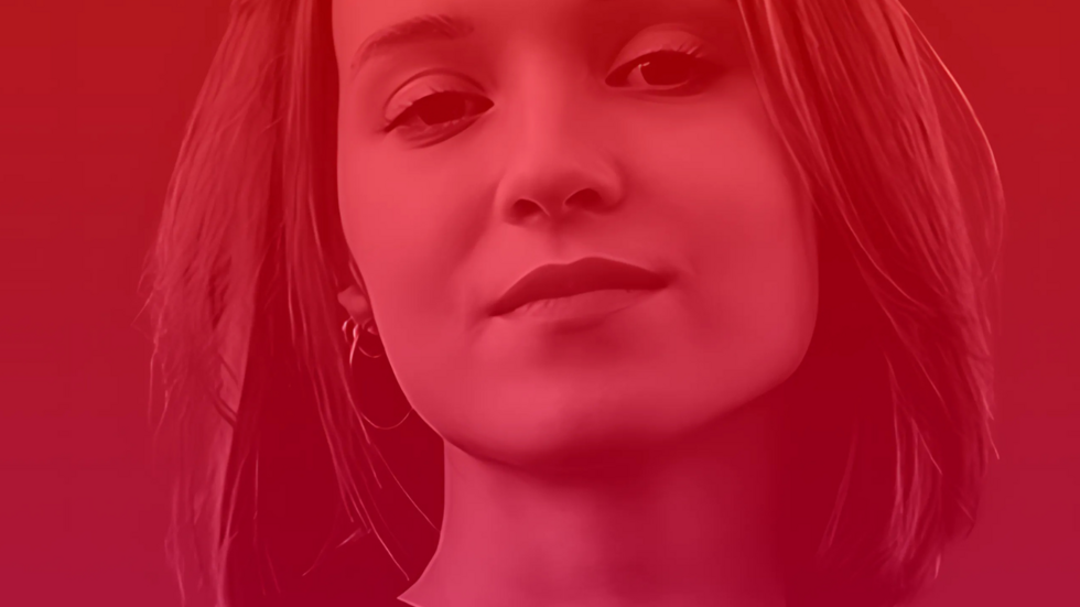 W centralnej części okrągłej grafiki znajduje się zbliżenie twarzy młodej kobiety o krótkich, rozpuszczonych włosach. Jej spojrzenie jest skierowane przed siebie, wyraz twarzy spokojny i pewny siebie. Ma delikatny makijaż, lekko podkreślone oczy i subtelnie błyszczące usta. Kobieta nosi duże, cienkie kolczyki-koła oraz ciemny, gładki top. Całą kompozycję pokrywa ciepły, czerwono-różowy gradient, nadający zdjęciu nowoczesny, spójny wizualnie styl.