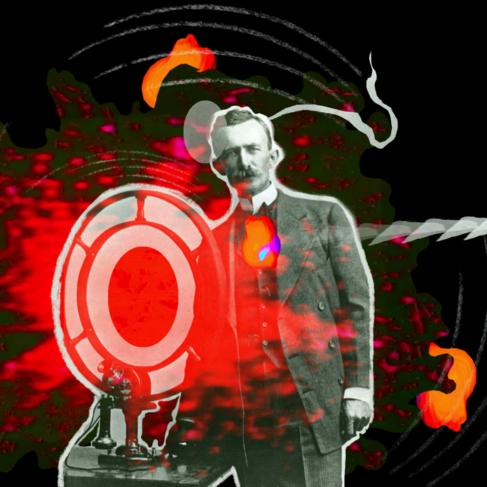 grafika ze starym zdjęciem mężczyzny, na grafice znajduje się zdjęcie Nathana B. Stubblefielda (domena publiczna) oraz został wykorzystany fragment pracy video Darka Pietraszewskiego