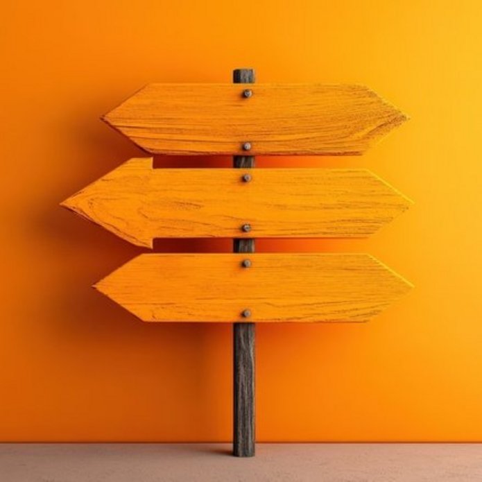 a decorative element: large, orange, wooden signposts