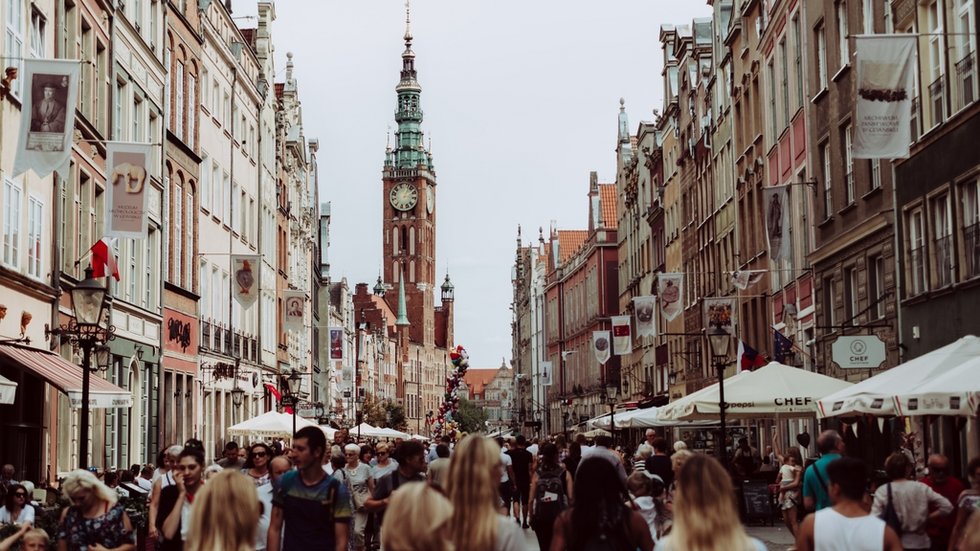 the centre of Gdańsk on a warm day, crowd of people