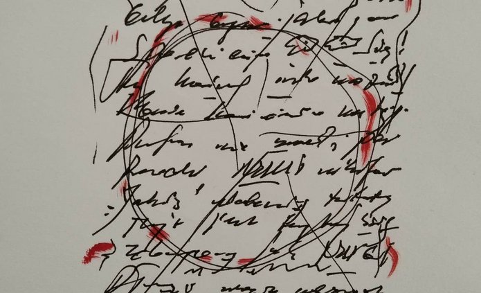 Zdjęcie przedstawia kaligrafię w kolorze czarnym i szarym oraz wzory graficzne w odcieniach czerwieni.