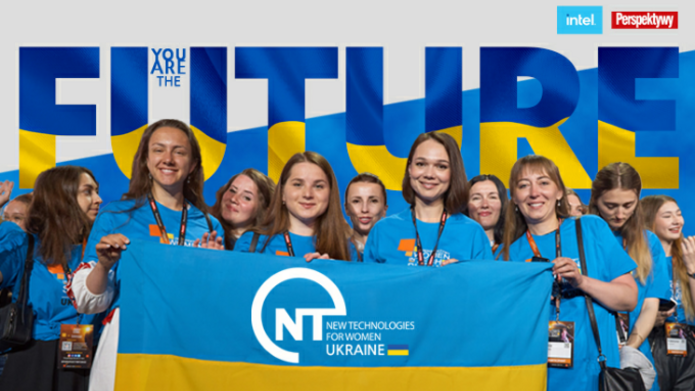 plakat programu z kobietami trzymającymi flagę ukraińską