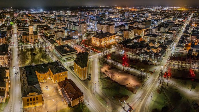 Oulu at night from a bird's eye view