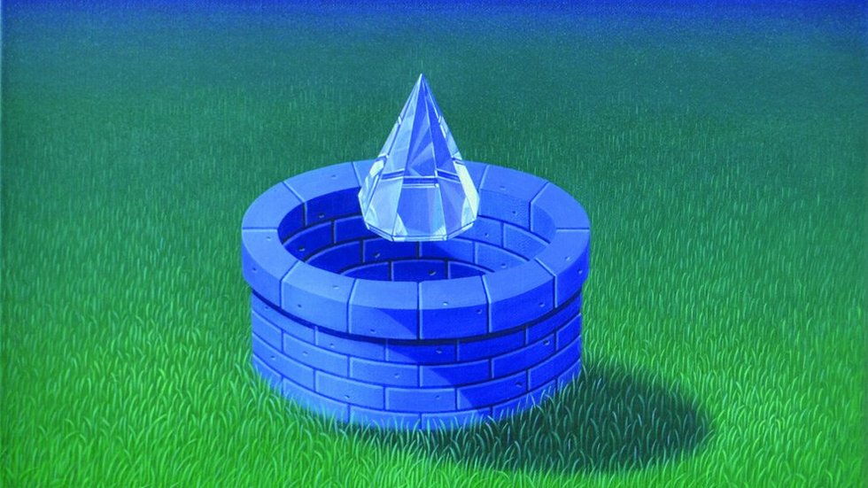 The image shows a painting entitled Studnia [The Well], a blue well set against a blue sky and a green meadow