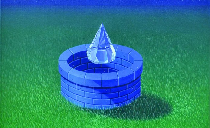 The image shows a painting entitled Studnia [The Well], a blue well set against a blue sky and a green meadow