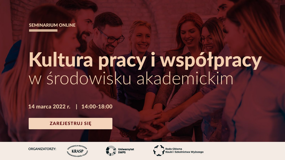 plakat semiarium, ludzie uściskujący sobie ręce z logotypami