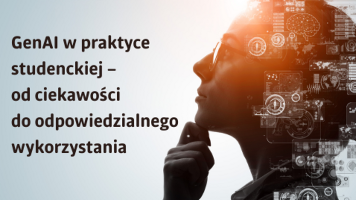 Zamyślona kobieta i napis GenAI w praktyce studenckiej – od ciekawości do odpowiedzialnego wykorzystania