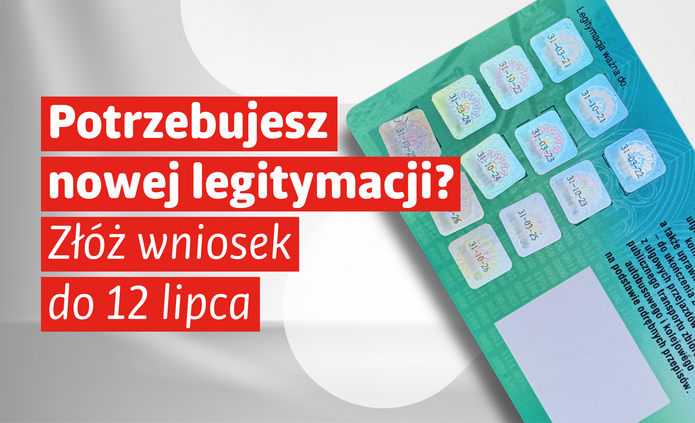 Grafika informacyjna dotycząca składania wniosków o wydanie nowej legitymacji studenckiej. Po prawej stronie znajduje się zbliżenie na zieloną legitymację studencką z polami na hologramy potwierdzające jej ważność. Po lewej stronie, na czerwonych polach tekstowych, umieszczono biały napis: „Potrzebujesz nowej legitymacji? Złóż wniosek do 12 lipca”. Tło jest jasne, minimalistyczne, z subtelnymi szarymi elementami graficznymi. Całość ma prosty, czytelny charakter i zwraca uwagę na ważny termin związany z wydaniem legitymacji.