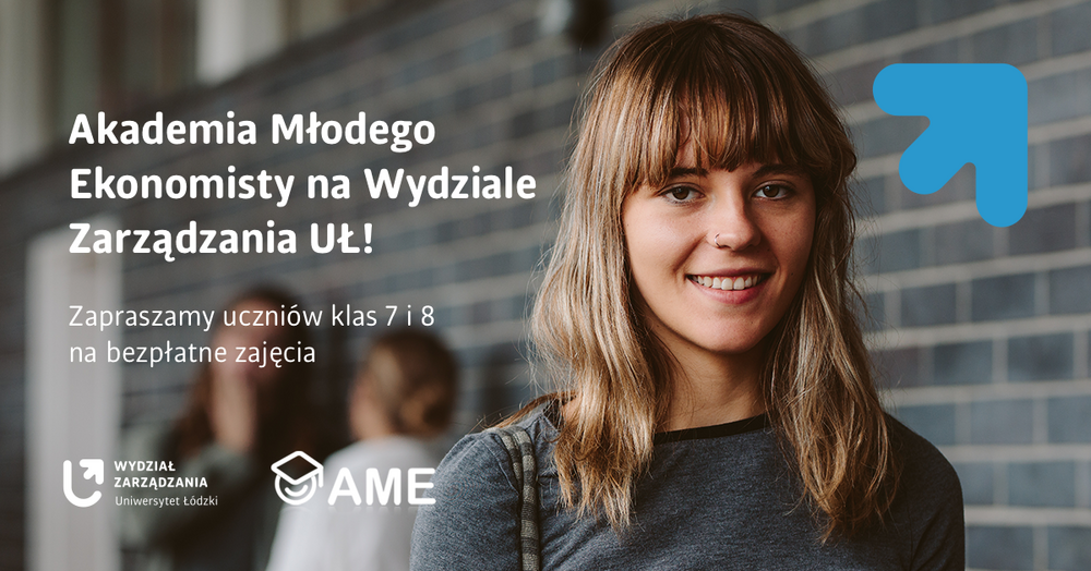 Plakat informujący o AME. Młoda, uśmiechnięta kobieta