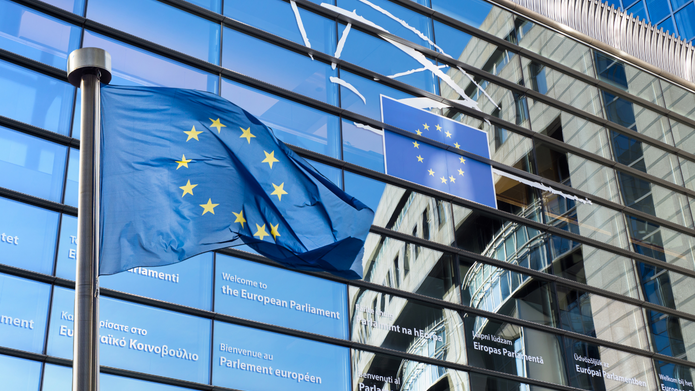 Na pierwszym planie powiewa flaga Unii Europejskiej na maszcie. W tle widoczna jest nowoczesna, przeszklona fasada budynku Parlamentu Europejskiego z napisem powitalnym w różnych językach oraz emblematem UE.