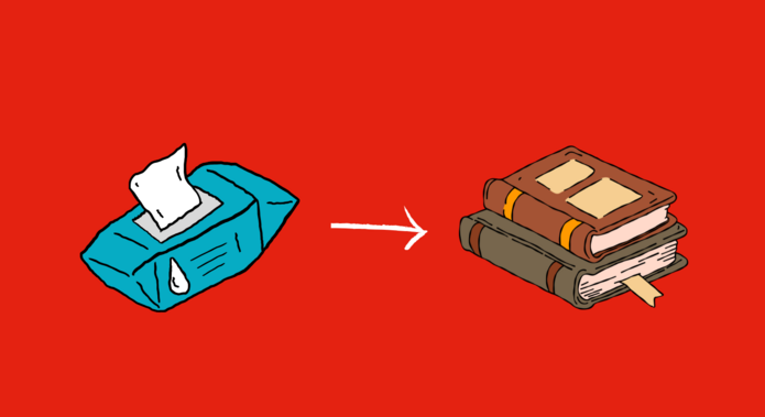 paczka chusteczek nawilżanych oraz dwie książki na czerwonym tle.