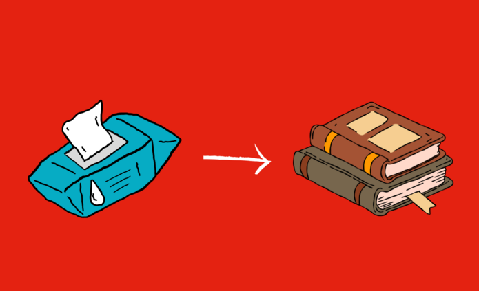 a pack of wet wipes and two books on a red background