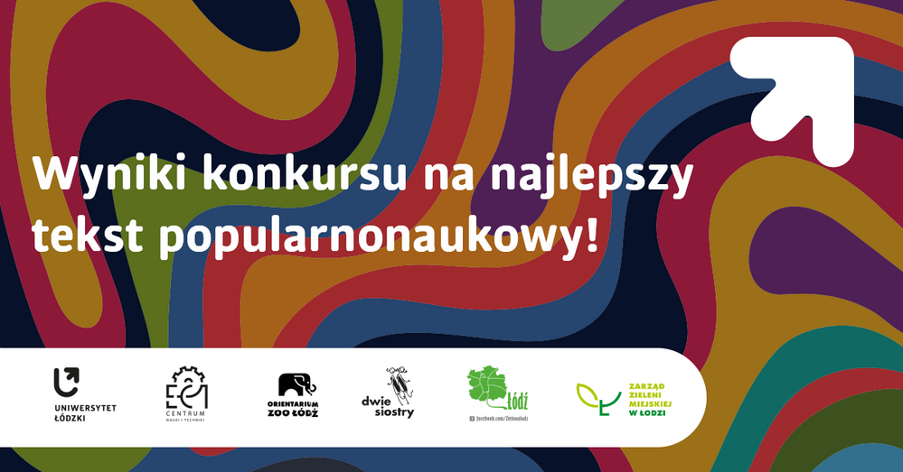 Biały napis Wyniki konkursu na tekst popularnonaukowy na kolorowym tle oraz logotypy partnerów