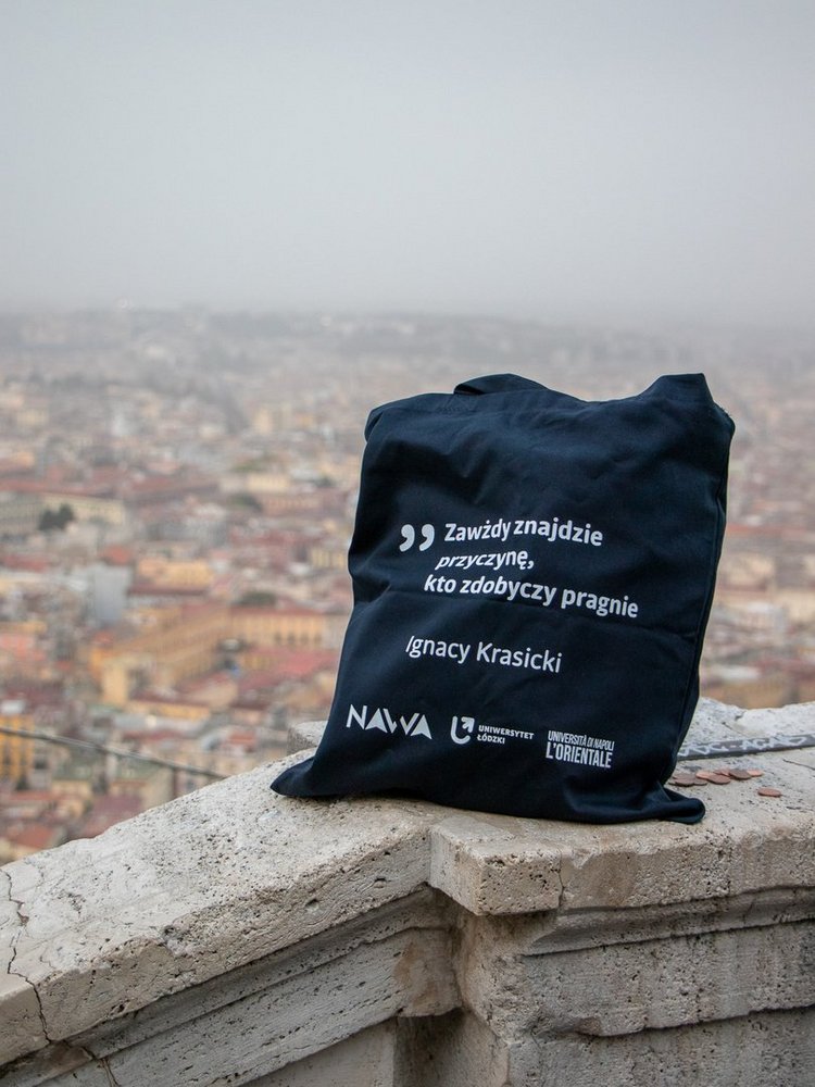 the project bag with the Naples landscape in the background