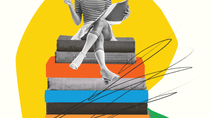 Grafika z kobietą siedzącą na stercie książek