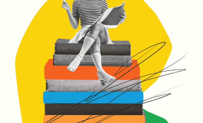 Grafika z kobietą siedzącą na stercie książek