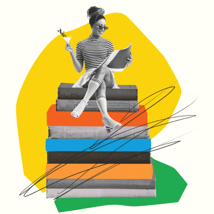 Grafika z kobietą siedzącą na stercie książek