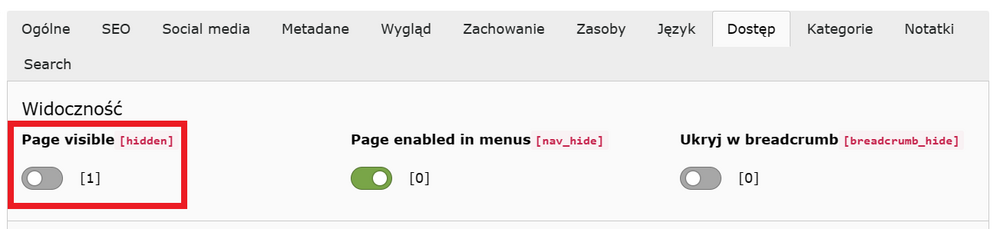 Na zrzucie ekranu zaznaczono miejsce, w którym można włączyć lub ukryć stronę.