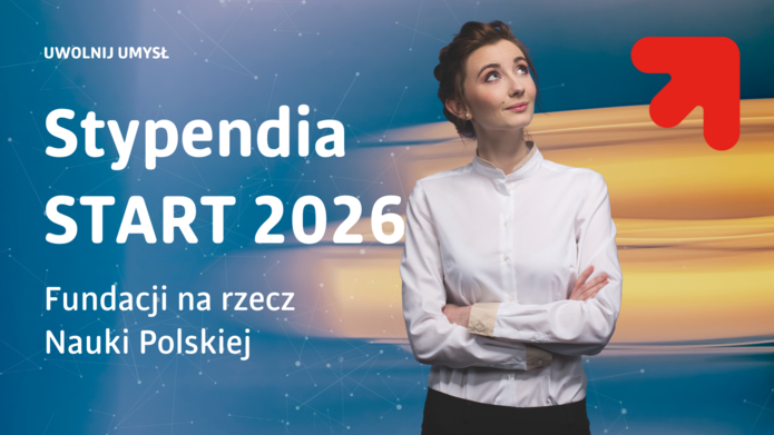 Grafika przedstawia młodą kobietę w półpostaci, ubrana w jasną koszulę, patrzącą lekko w górę i w prawo. Jej ręce są luźno skrzyżowane w talii. Na tle widoczny jest gradient kolorów — dominują odcienie niebieskiego, złota i beżu — oraz subtelne linie i punkty, które przywodzą na myśl sieć lub połączenia. W lewym górnym rogu grafiki znajduje się tekst: „Stypendia START 2026”. Cała kompozycja sugeruje atmosferę refleksji, aspiracji naukowych i nowoczesności.
