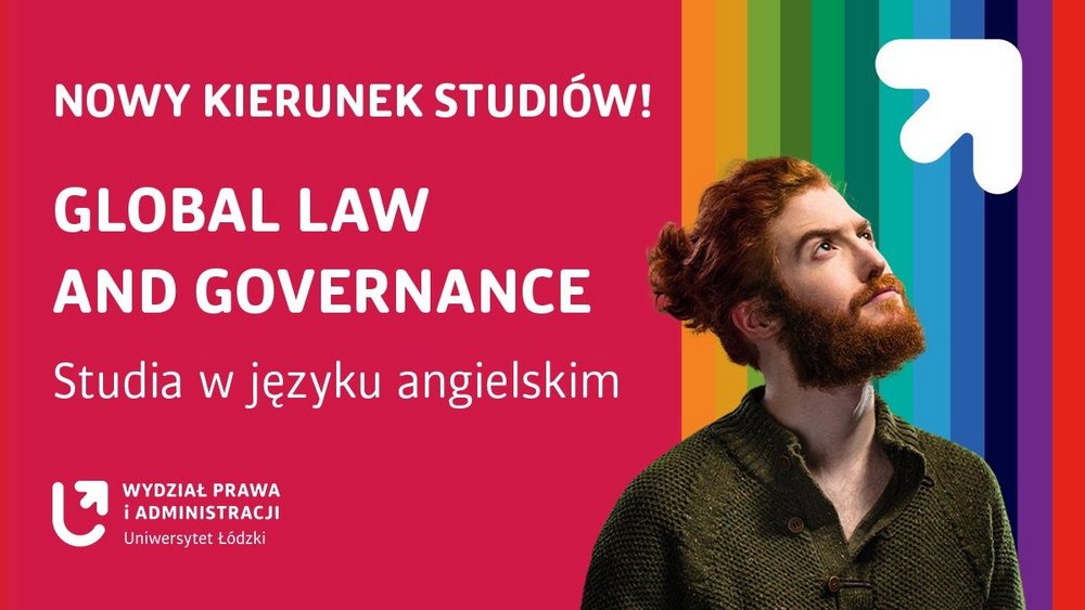 Grafika promująca nowy kierunek studiów Global Law and Governance przedstawiająca mężczyznę spoglądającego w dal.