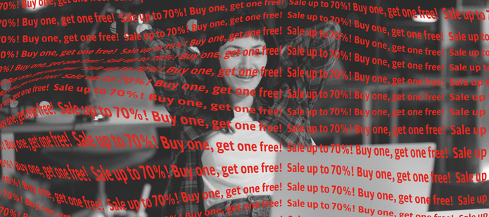 a graphics related to Black Friday: a woman in from of a computer screen and red inscriptions