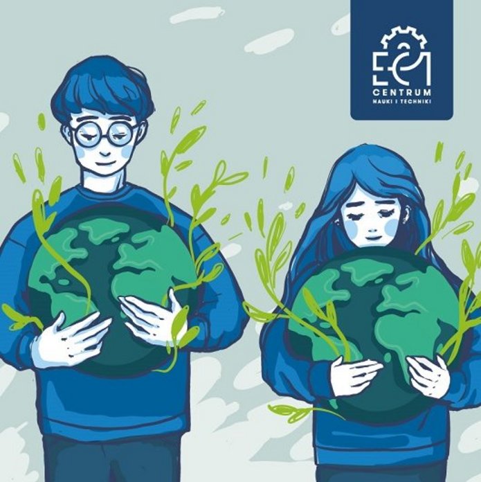 Baner konferencji Młodzi o klimacie. Widoczna para młodych ludzi, każde z nich obejmuje Ziemie w troskliwym geście.