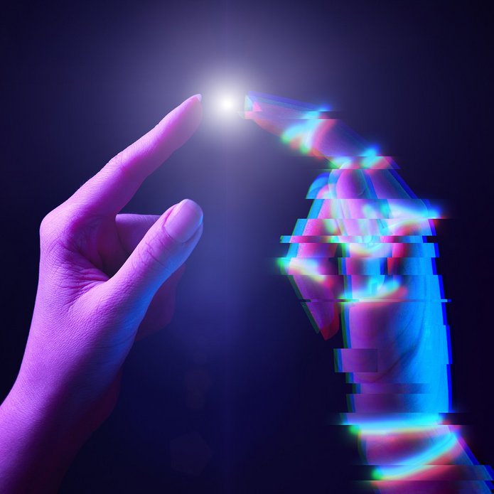 a decorative element: two hands with their fingers touching, one with a digital effect