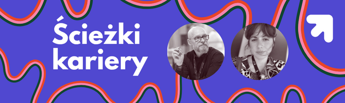 Fioletowy baner z czerwono żółtymi liniami. Na banerze umieszczono portrety prowadzących