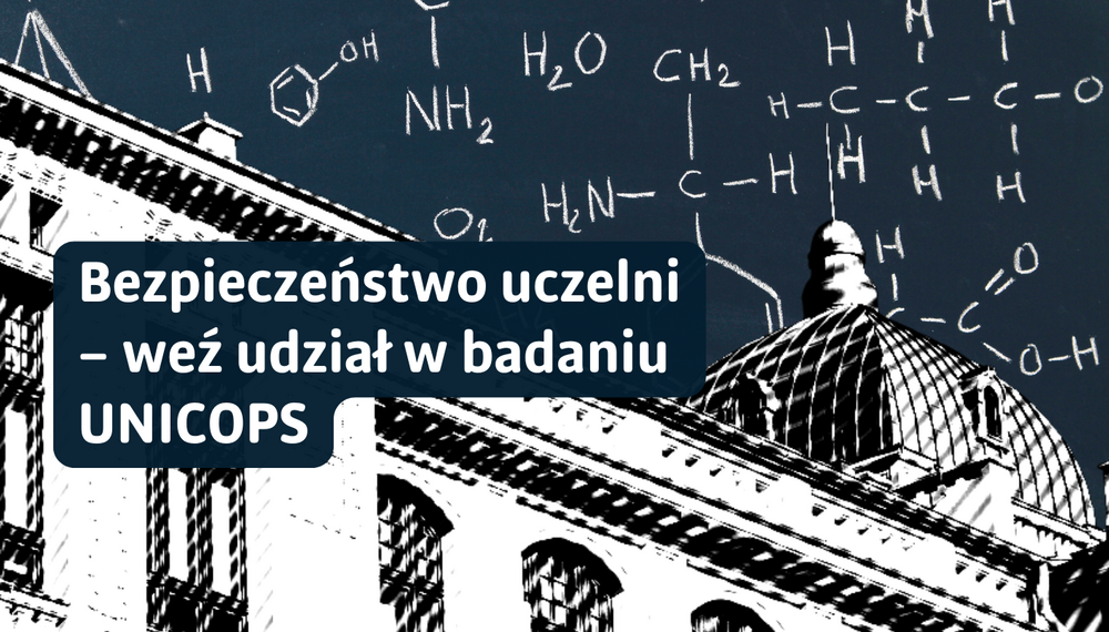 Grafika o charakterze informacyjnym. W tle widoczny jest czarno-biały rysunkowy wizerunek klasycznego budynku uczelni z kopułą. Na ciemnym tle ponad budynkiem rozmieszczone są białe wzory chemiczne i symbole, przypominające zapisy na tablicy. Po lewej stronie znajduje się granatowy, zaokrąglony prostokąt z białym napisem: „Bezpieczeństwo uczelni – weź udział w badaniu UNICOPS”.